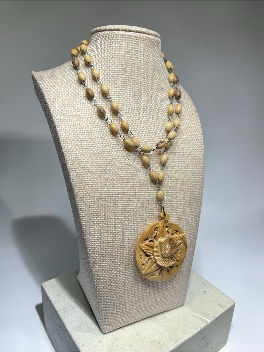 Vintage Hand Carved Floral Medallion Wood Bead Statement Necklace